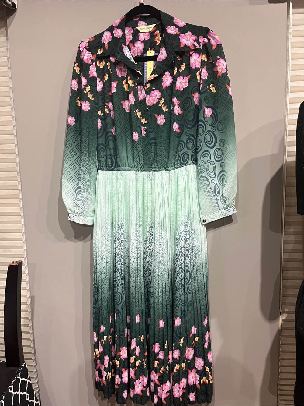 Pleated Green Ombre Floral Midi Dress - Pink Floral Detail